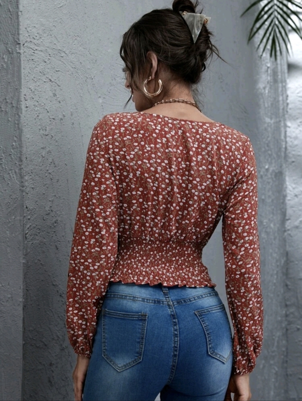 NWOT SHEIN Burnt Red Orange Floral Smocked Blouse Boho V-Neck Long Sleeve Top - Picture 2 of 11